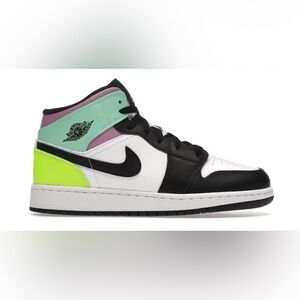 NIKE AIR JORDAN BOYS Sz 4 white/ black/ neon green/ purple,& turquoise Mid rise